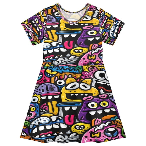 Toddler Girls Short Sleeve Summer Dress, Cute Casual Print Dress for Girls 2-8 Years, Soft Breathable Comfortable Daily Beach Party Dress Colorful Cartoon Monsters