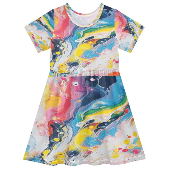 Toddler Girls Short Sleeve Summer Dress, Cute Casual Print Dress for Girls 2-8 Years, Soft Breathable Comfortable Daily Beach Party Dress Colorful Fluid Pattern