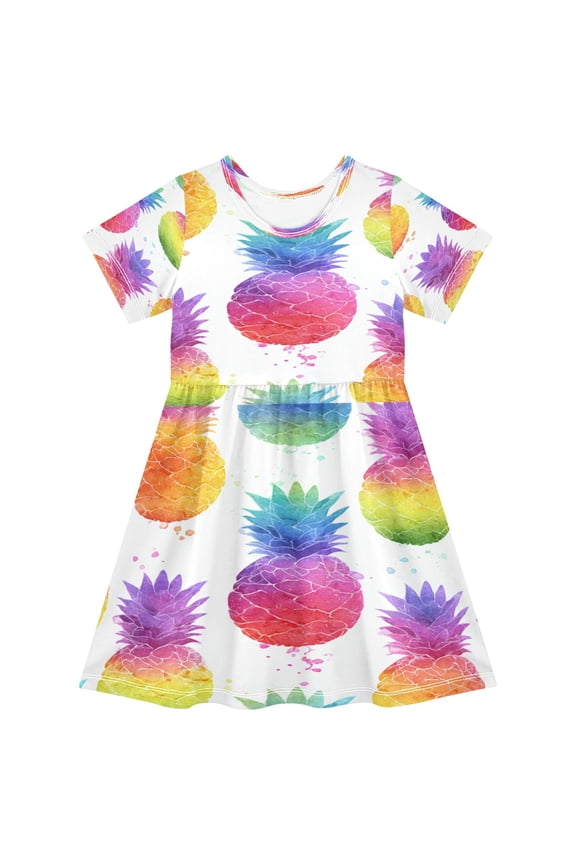 Toddler Girls Short Sleeve Summer Dress, Cute Casual Print Dress for Girls 2-8 Years, Soft Breathable Comfortable Daily Beach Party Dress Colorful Pineapple Pattern