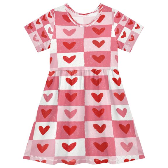 Toddler Girls Short Sleeve Summer Dress, Cute Casual Print Dress for Girls 2-8 Years, Soft Breathable Comfortable Daily Beach Party Dress Crayon Heart Checkers