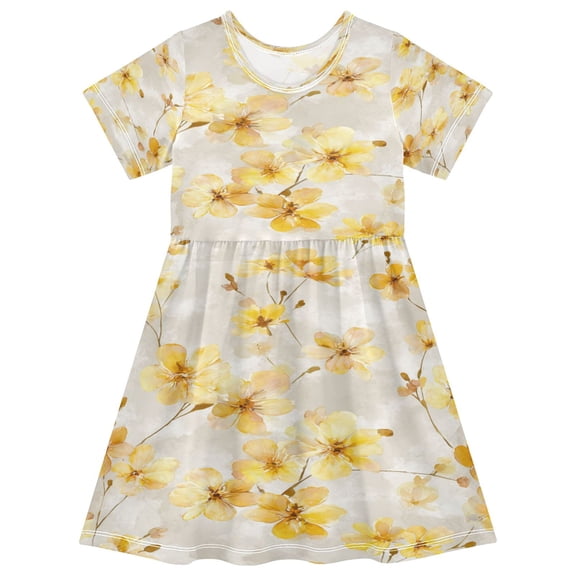 Toddler Girls Short Sleeve Summer Dress, Cute Casual Print Dress for Girls 2-8 Years, Soft Breathable Comfortable Daily Beach Party Dress Cream Yellow Watercolor Floral