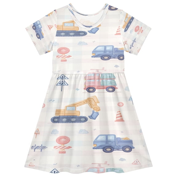 Toddler Girls Short Sleeve Summer Dress, Cute Casual Print Dress for Girls 2-8 Years, Soft Breathable Comfortable Daily Beach Party Dress Cute Construction Vehicles Pattern