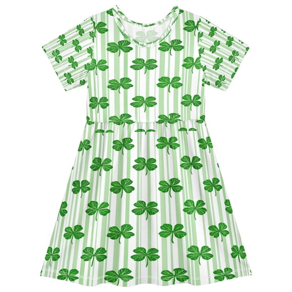 Toddler Girls Short Sleeve Summer Dress, Cute Casual Print Dress for Girls 2-8 Years, Soft Breathable Comfortable Daily Beach Party Dress Cute Four-leaf Clover