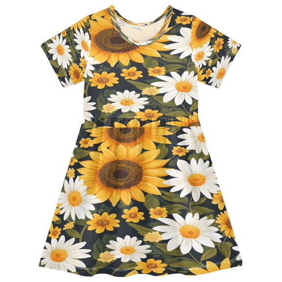 Toddler Girls Short Sleeve Summer Dress, Cute Casual Print Dress for Girls 2-8 Years, Soft Breathable Comfortable Daily Beach Party Dress Daisy Sunflowers
