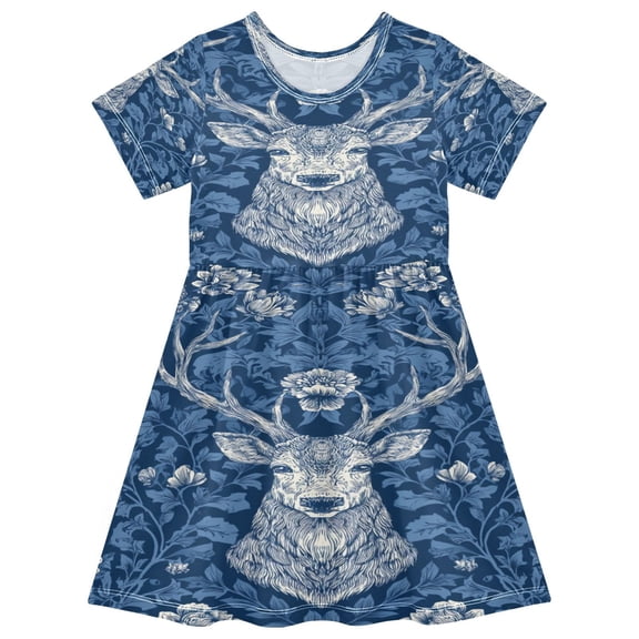 Toddler Girls Short Sleeve Summer Dress, Cute Casual Print Dress for Girls 2-8 Years, Soft Breathable Comfortable Daily Beach Party Dress Deer in Blue Florals