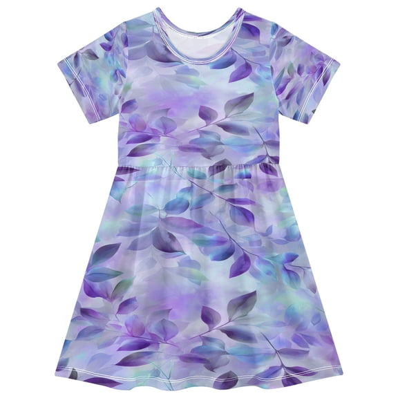 Toddler Girls Short Sleeve Summer Dress, Cute Casual Print Dress for Girls 2-8 Years, Soft Breathable Comfortable Daily Beach Party Dress Dreamy Purple Blue Leaf Pattern