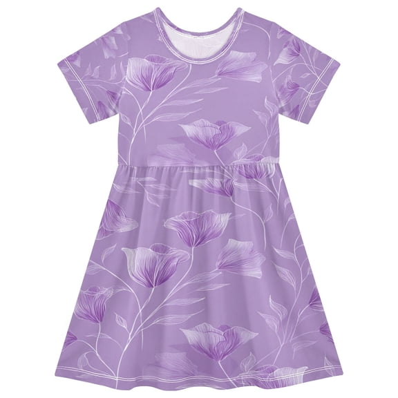Toddler Girls Short Sleeve Summer Dress, Cute Casual Print Dress for Girls 2-8 Years, Soft Breathable Comfortable Daily Beach Party Dress Elegant Lavender Design