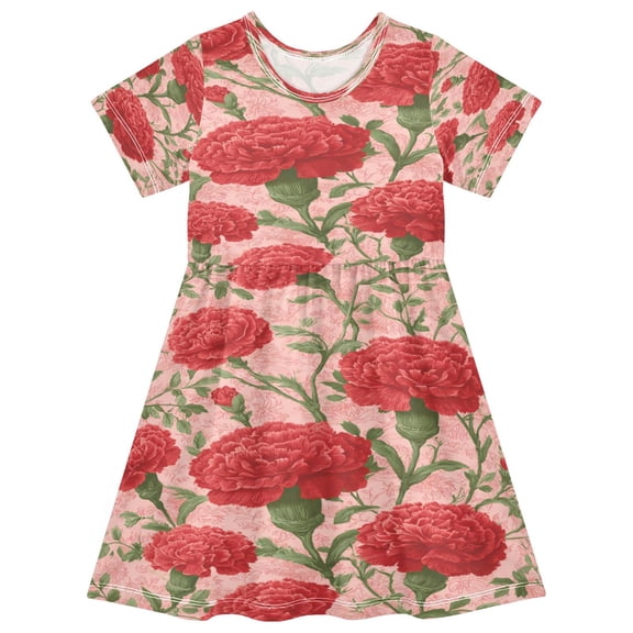 Toddler Girls Short Sleeve Summer Dress, Cute Casual Print Dress for Girls 2-8 Years, Soft Breathable Comfortable Daily Beach Party Dress Elegant Red Carnation Pattern