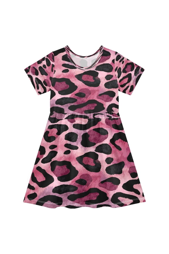Toddler Girls Short Sleeve Summer Dress, Cute Casual Print Dress for Girls 2-8 Years, Soft Breathable Comfortable Daily Beach Party Dress Fuchsia Pink Fur Leopard Print