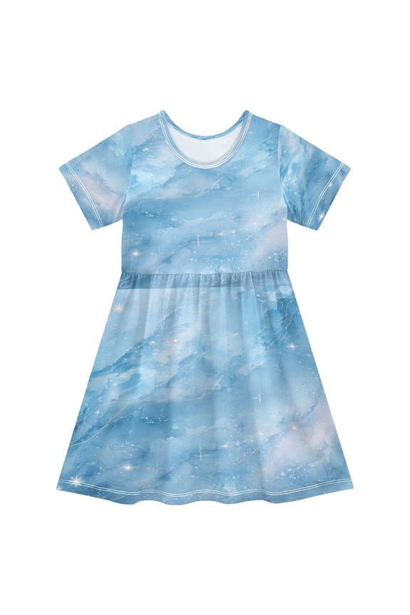 Toddler Girls Short Sleeve Summer Dress, Cute Casual Print Dress for Girls 2-8 Years, Soft Breathable Comfortable Daily Beach Party Dress Gold Vein Celestial Print