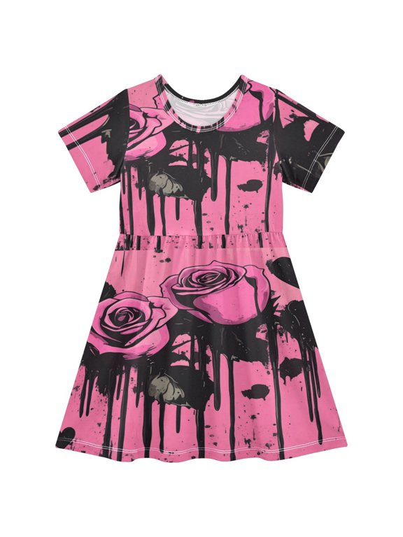 Toddler Girls Short Sleeve Summer Dress, Cute Casual Print Dress for Girls 2-8 Years, Soft Breathable Comfortable Daily Beach Party Dress Gothic Pink Roses Graffiti
