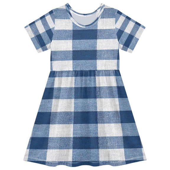 Toddler Girls Short Sleeve Summer Dress, Cute Casual Print Dress for Girls 2-8 Years, Soft Breathable Comfortable Daily Beach Party Dress Gray-blue Checkered
