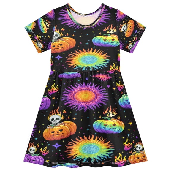 Toddler Girls Short Sleeve Summer Dress, Cute Casual Print Dress for Girls 2-8 Years, Soft Breathable Comfortable Daily Beach Party Dress Halloween Pumpkin Spooky Pattern