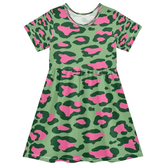 Toddler Girls Short Sleeve Summer Dress, Cute Casual Print Dress for Girls 2-8 Years, Soft Breathable Comfortable Daily Beach Party Dress Leopard Print with Pink Accents