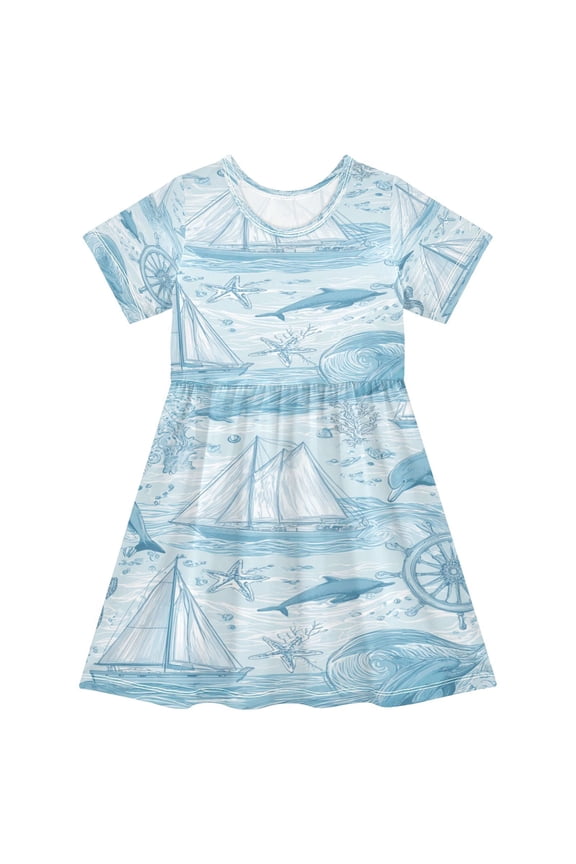 Toddler Girls Short Sleeve Summer Dress, Cute Casual Print Dress for Girls 2-8 Years, Soft Breathable Comfortable Daily Beach Party Dress Light Blue Dolphins Nautical Pattern