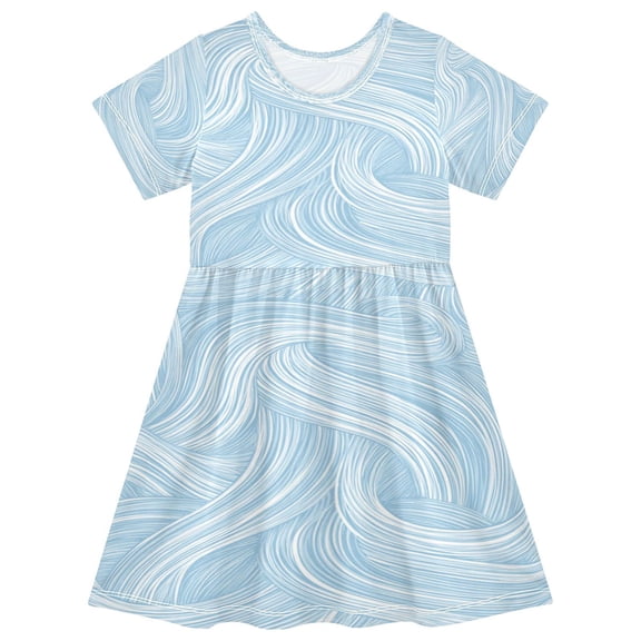 Toddler Girls Short Sleeve Summer Dress, Cute Casual Print Dress for Girls 2-8 Years, Soft Breathable Comfortable Daily Beach Party Dress Light Blue Wavy Lines