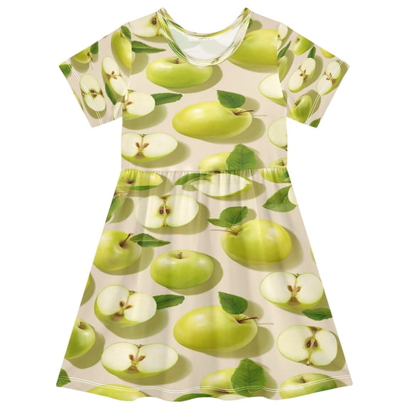Toddler Girls Short Sleeve Summer Dress, Cute Casual Print Dress for Girls 2-8 Years, Soft Breathable Comfortable Daily Beach Party Dress Light Green Apple Harvest