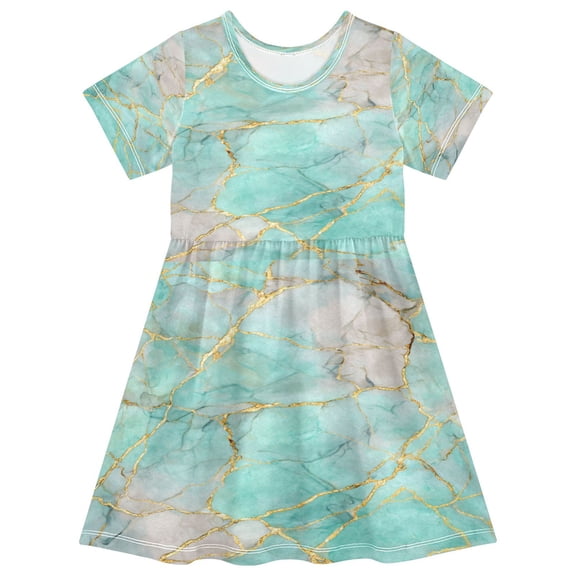 Toddler Girls Short Sleeve Summer Dress, Cute Casual Print Dress for Girls 2-8 Years, Soft Breathable Comfortable Daily Beach Party Dress Light Green Gold Marble Pattern