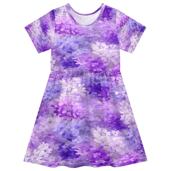 Toddler Girls Short Sleeve Summer Dress, Cute Casual Print Dress for Girls 2-8 Years, Soft Breathable Comfortable Daily Beach Party Dress Lilac Purple Floral Pattern