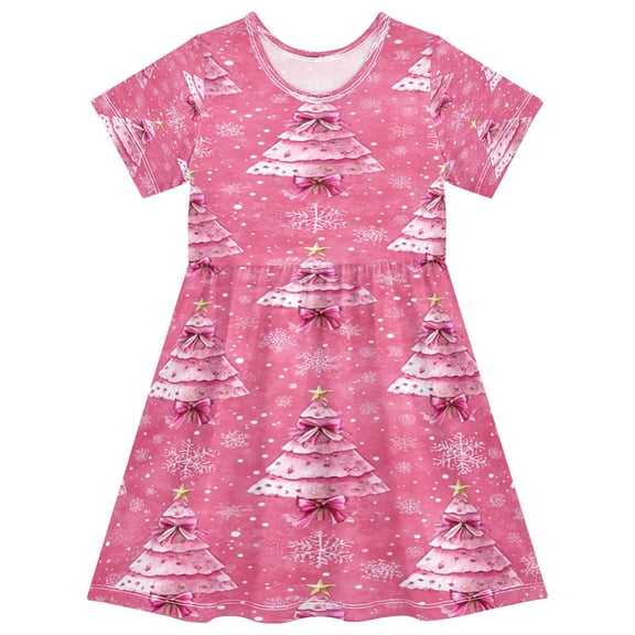 Toddler Girls Short Sleeve Summer Dress, Cute Casual Print Dress for Girls 2-8 Years, Soft Breathable Comfortable Daily Beach Party Dress Lovely Pink Christmas Trees Pattern