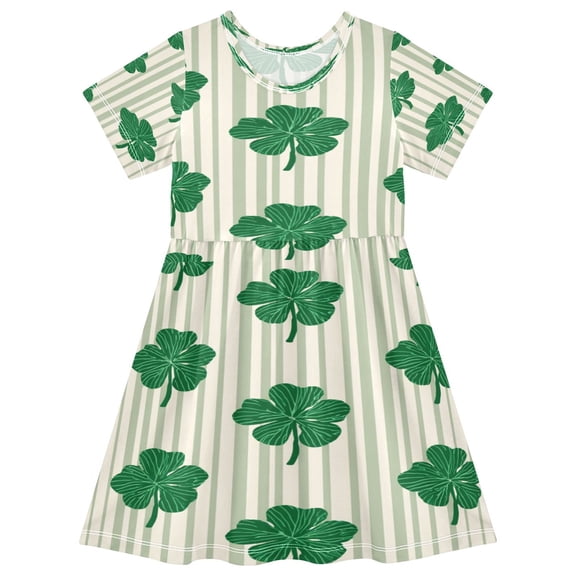 Toddler Girls Short Sleeve Summer Dress, Cute Casual Print Dress for Girls 2-8 Years, Soft Breathable Comfortable Daily Beach Party Dress Lucky Four-leaf Stripes