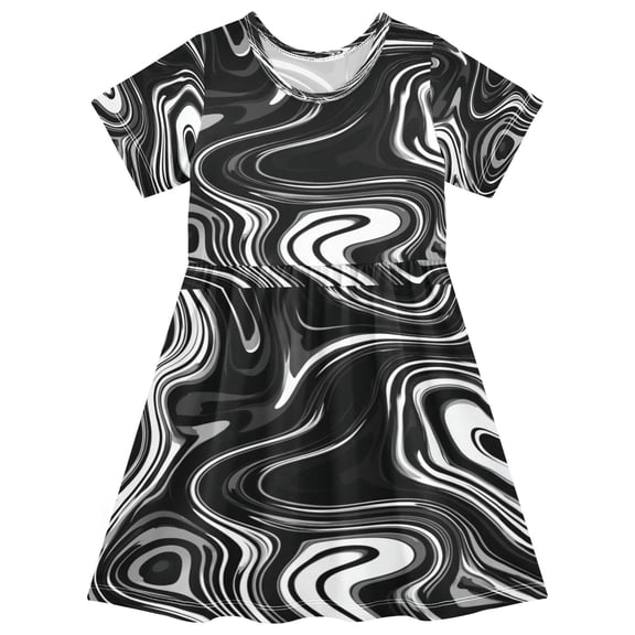 Toddler Girls Short Sleeve Summer Dress, Cute Casual Print Dress for Girls 2-8 Years, Soft Breathable Comfortable Daily Beach Party Dress Matte Black Flowing Lines