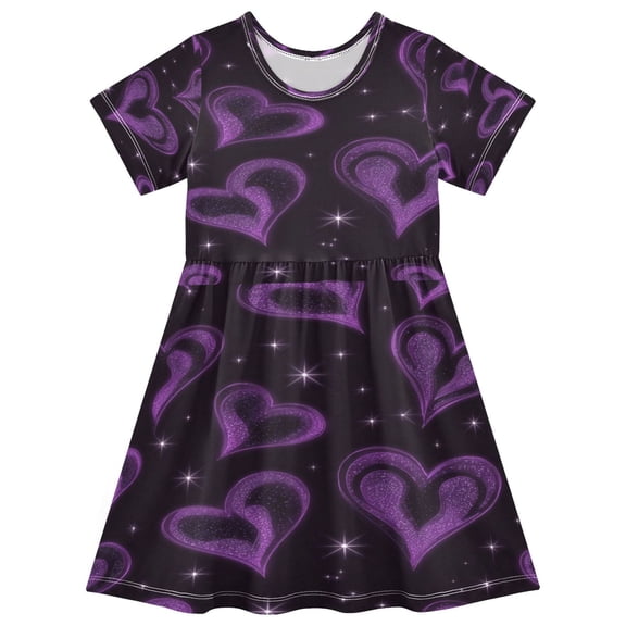 Toddler Girls Short Sleeve Summer Dress, Cute Casual Print Dress for Girls 2-8 Years, Soft Breathable Comfortable Daily Beach Party Dress Midnight Amethyst Sparkle