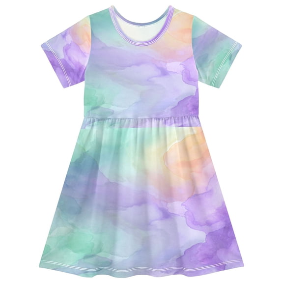 Toddler Girls Short Sleeve Summer Dress, Cute Casual Print Dress for Girls 2-8 Years, Soft Breathable Comfortable Daily Beach Party Dress Mint Peach Lavender Wash