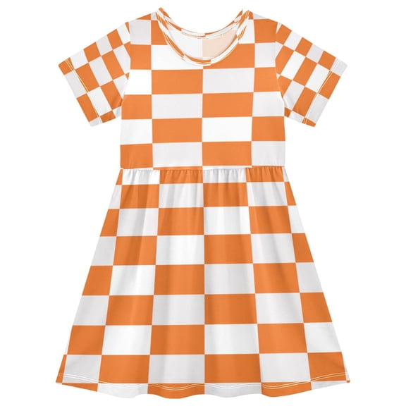 Toddler Girls Short Sleeve Summer Dress, Cute Casual Print Dress for Girls 2-8 Years, Soft Breathable Comfortable Daily Beach Party Dress Orange Checkerboard