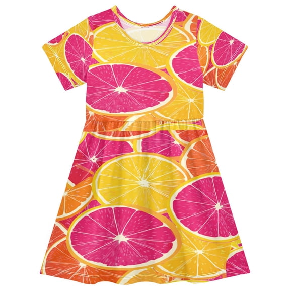 Toddler Girls Short Sleeve Summer Dress, Cute Casual Print Dress for Girls 2-8 Years, Soft Breathable Comfortable Daily Beach Party Dress Oranges and Grapefruits