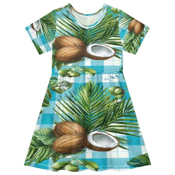 Toddler Girls Short Sleeve Summer Dress, Cute Casual Print Dress for Girls 2-8 Years, Soft Breathable Comfortable Daily Beach Party Dress Palm Leaves and Coconuts