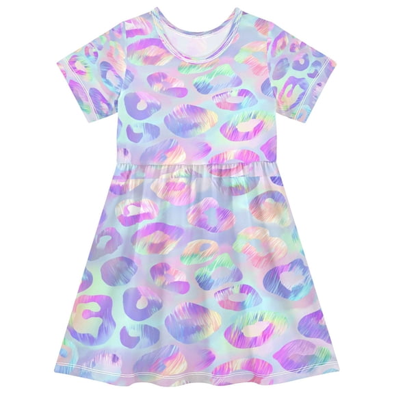 Toddler Girls Short Sleeve Summer Dress, Cute Casual Print Dress for Girls 2-8 Years, Soft Breathable Comfortable Daily Beach Party Dress Pastel Hologram Leopard Print