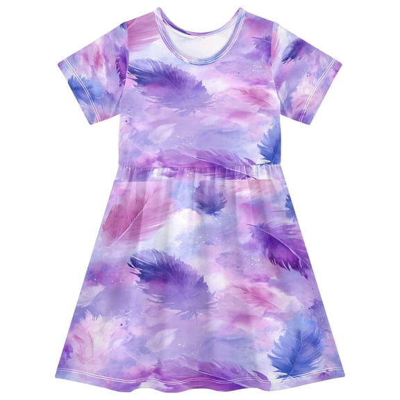 Toddler Girls Short Sleeve Summer Dress, Cute Casual Print Dress for Girls 2-8 Years, Soft Breathable Comfortable Daily Beach Party Dress Pastel in Shades Of Purple