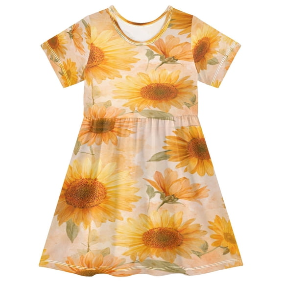 Toddler Girls Short Sleeve Summer Dress, Cute Casual Print Dress for Girls 2-8 Years, Soft Breathable Comfortable Daily Beach Party Dress Pastel-toned Sunflowers Pattern