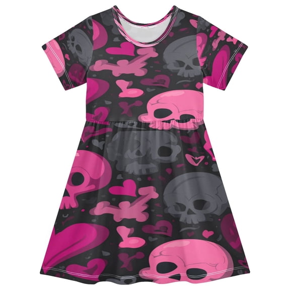 Toddler Girls Short Sleeve Summer Dress, Cute Casual Print Dress for Girls 2-8 Years, Soft Breathable Comfortable Daily Beach Party Dress Pink and Black Skulls