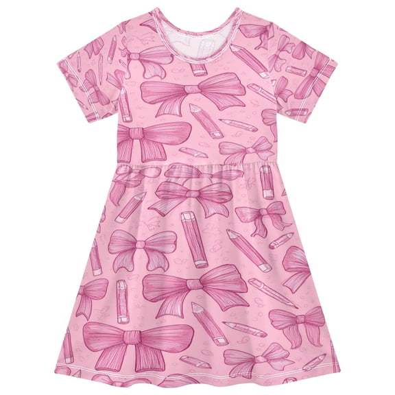 Toddler Girls Short Sleeve Summer Dress, Cute Casual Print Dress for Girls 2-8 Years, Soft Breathable Comfortable Daily Beach Party Dress Pink Bows and Pencils