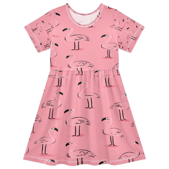 Toddler Girls Short Sleeve Summer Dress, Cute Casual Print Dress for Girls 2-8 Years, Soft Breathable Comfortable Daily Beach Party Dress Pink Cute Flamingos