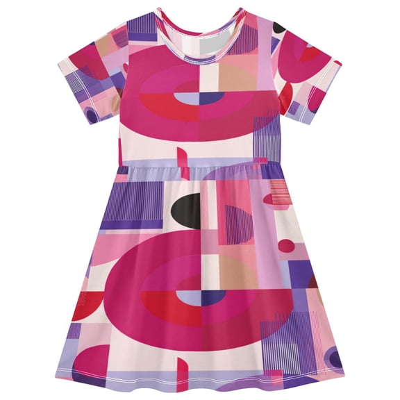Toddler Girls Short Sleeve Summer Dress, Cute Casual Print Dress for Girls 2-8 Years, Soft Breathable Comfortable Daily Beach Party Dress Pink and Purple Record Pattern