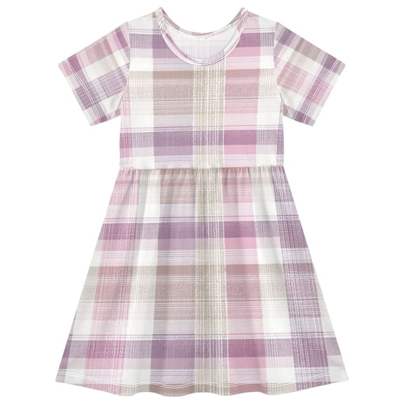 Toddler Girls Short Sleeve Summer Dress, Cute Casual Print Dress for Girls 2-8 Years, Soft Breathable Comfortable Daily Beach Party Dress Purple-pink Checkered Pattern