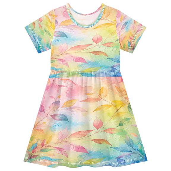 Toddler Girls Short Sleeve Summer Dress, Cute Casual Print Dress for Girls 2-8 Years, Soft Breathable Comfortable Daily Beach Party Dress Rainbow Gradient Autumn Leaves