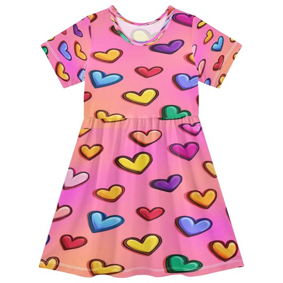Toddler Girls Short Sleeve Summer Dress, Cute Casual Print Dress for Girls 2-8 Years, Soft Breathable Comfortable Daily Beach Party Dress Rainbow Heart Seamless Print