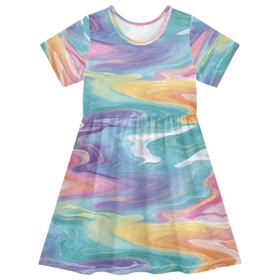 Toddler Girls Short Sleeve Summer Dress, Cute Casual Print Dress for Girls 2-8 Years, Soft Breathable Comfortable Daily Beach Party Dress Rainbow-colored Twists