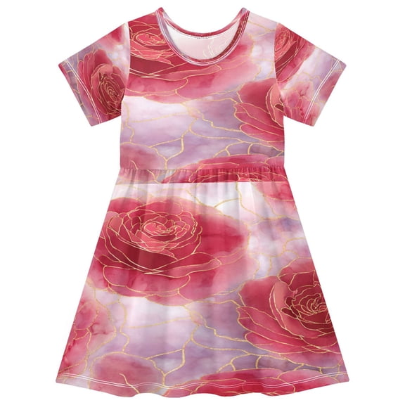 Toddler Girls Short Sleeve Summer Dress, Cute Casual Print Dress for Girls 2-8 Years, Soft Breathable Comfortable Daily Beach Party Dress Red Gold Rose Petals
