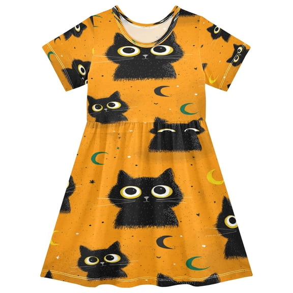 Toddler Girls Short Sleeve Summer Dress, Cute Casual Print Dress for Girls 2-8 Years, Soft Breathable Comfortable Daily Beach Party Dress Repeating Pattern Of Big-eyed Cat
