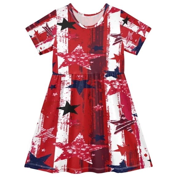 Toddler Girls Short Sleeve Summer Dress, Cute Casual Print Dress for Girls 2-8 Years, Soft Breathable Comfortable Daily Beach Party Dress Retro Distressed Star Stripe Print