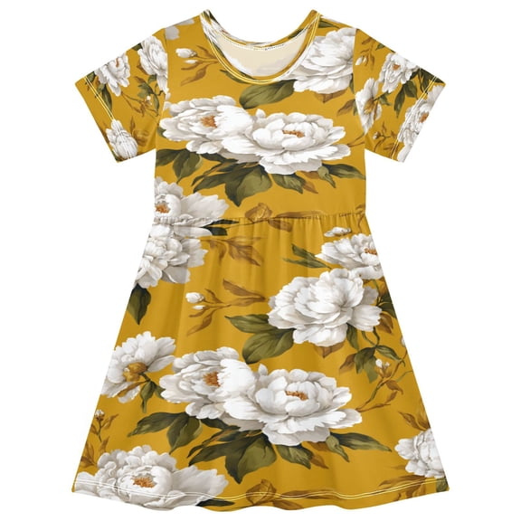 Toddler Girls Short Sleeve Summer Dress, Cute Casual Print Dress for Girls 2-8 Years, Soft Breathable Comfortable Daily Beach Party Dress Retro Yellow and White Peony