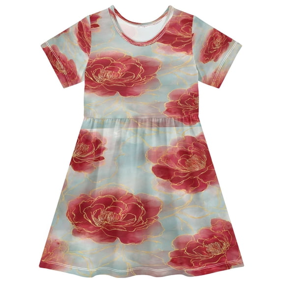 Toddler Girls Short Sleeve Summer Dress, Cute Casual Print Dress for Girls 2-8 Years, Soft Breathable Comfortable Daily Beach Party Dress Rose Petals with Gold Outline