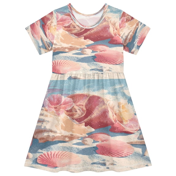 Toddler Girls Short Sleeve Summer Dress, Cute Casual Print Dress for Girls 2-8 Years, Soft Breathable Comfortable Daily Beach Party Dress Shell and Conch Pattern