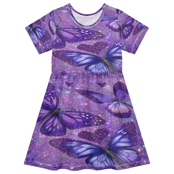 Toddler Girls Short Sleeve Summer Dress, Cute Casual Print Dress for Girls 2-8 Years, Soft Breathable Comfortable Daily Beach Party Dress Shimmering Purple Butterflies