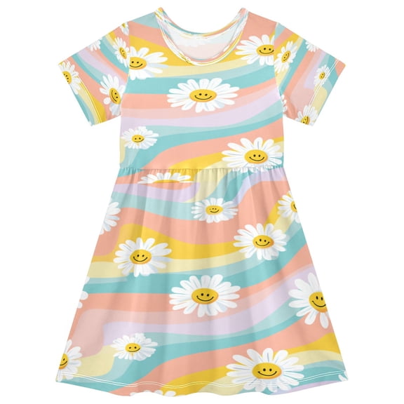 Toddler Girls Short Sleeve Summer Dress, Cute Casual Print Dress for Girls 2-8 Years, Soft Breathable Comfortable Daily Beach Party Dress Smiling Daisies with Rainbow